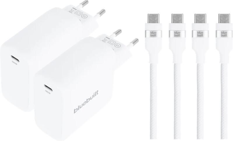 BlueBuilt 100W GaN Usb C Oplader Wit + Usb C Kabel 240W 2m Nylon Wit Duo Pack
