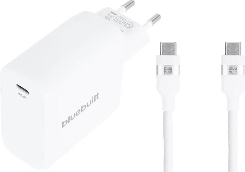 BlueBuilt 100W GaN Usb C Oplader Wit + Usb C Kabel 240W 2m Nylon Wit