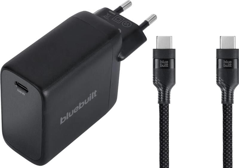 BlueBuilt 100W GaN Usb C Oplader Zwart + Usb C Kabel 240W 2m Nylon Zwart