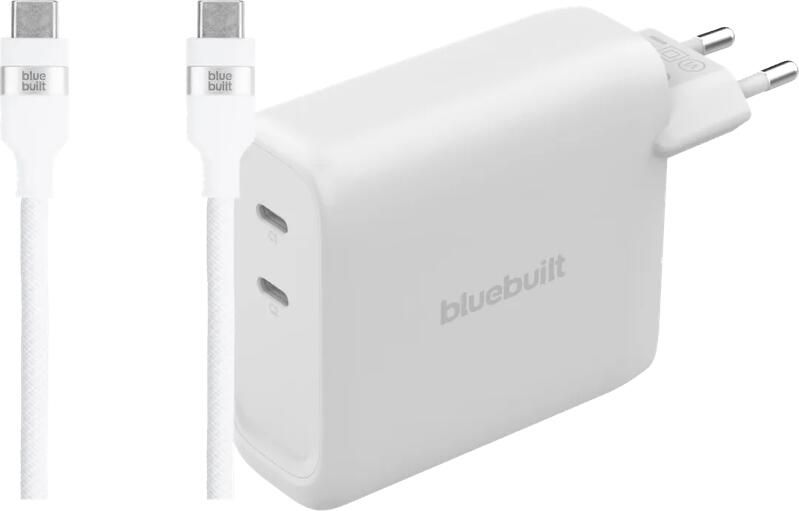 BlueBuilt 140W GaN Oplader met 2 Usb C Poorten Wit + Usb C Kabel 240W 2m Nylon