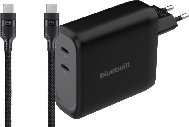 BlueBuilt 140W GaN Oplader met 2 Usb C Poorten Zwart + Usb C Kabel 240W 2m Nylon