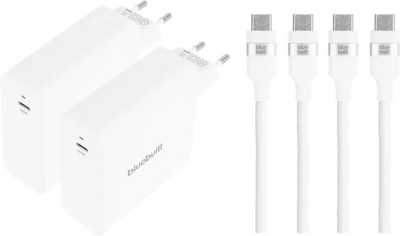 BlueBuilt 140W GaN Usb C Oplader Wit + Usb C Kabel 240W 2m Nylon Wit Duo Pack