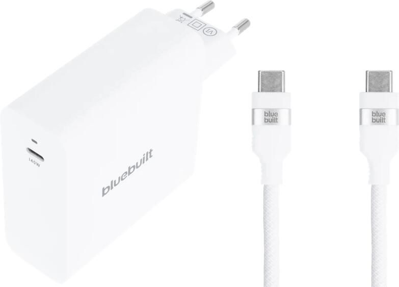 BlueBuilt 140W GaN Usb C Oplader Wit + Usb C Kabel 240W 2m Nylon Wit