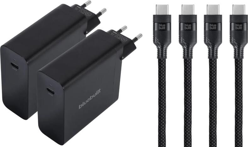 BlueBuilt 140W GaN Usb C Oplader Zwart + Usb C Kabel 240W 2m Nylon Zwart Duo Pack