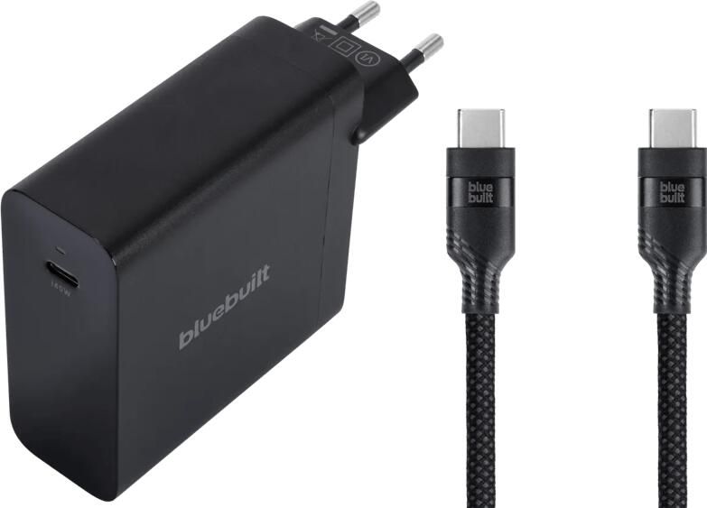 BlueBuilt 140W GaN Usb C Oplader Zwart + Usb C Kabel 240W 2m Nylon Zwart