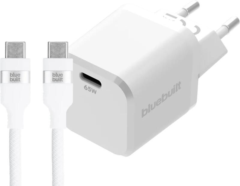 BlueBuilt 65W GaN Usb C Oplader Wit + Usb C Kabel 240W 2m Nylon Wit