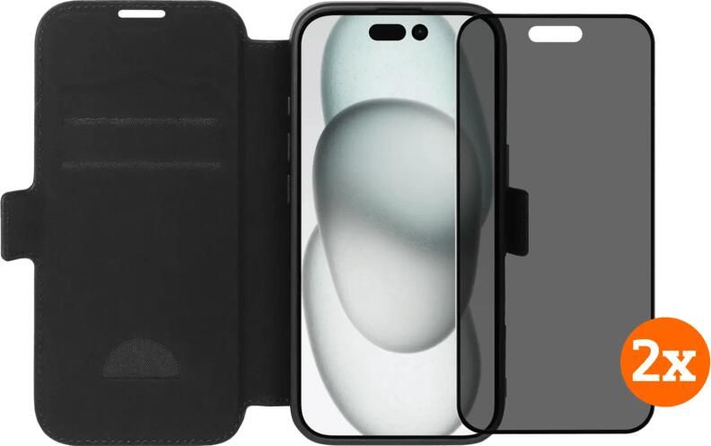 BlueBuilt Apple iPhone 16 Book Case Leer Zwart + Privacy Screenprotector Glas Duo Pack