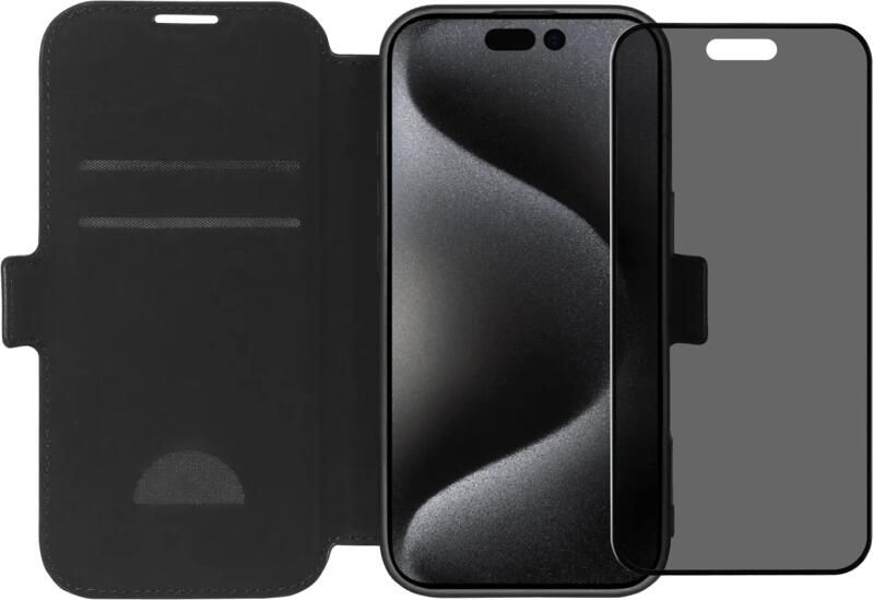 BlueBuilt Apple iPhone 16 Pro Book Case Leer Zwart + Privacy Filter Screenprotector Glas