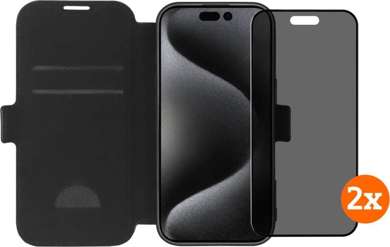 BlueBuilt Apple iPhone 16 Pro Book Case Leer Zwart + Privacy Screenprotector Glas Duo Pack