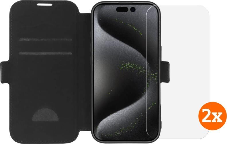 BlueBuilt Apple iPhone 16 Pro Book Case Leer Zwart + Screenprotector Glas Duo Pack