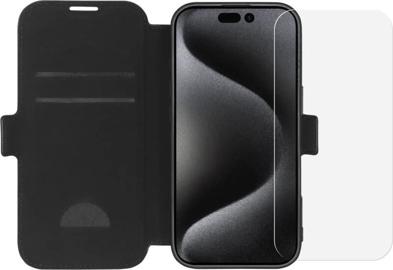 BlueBuilt Apple iPhone 16 Pro Book Case Leer Zwart + Screenprotector Glas