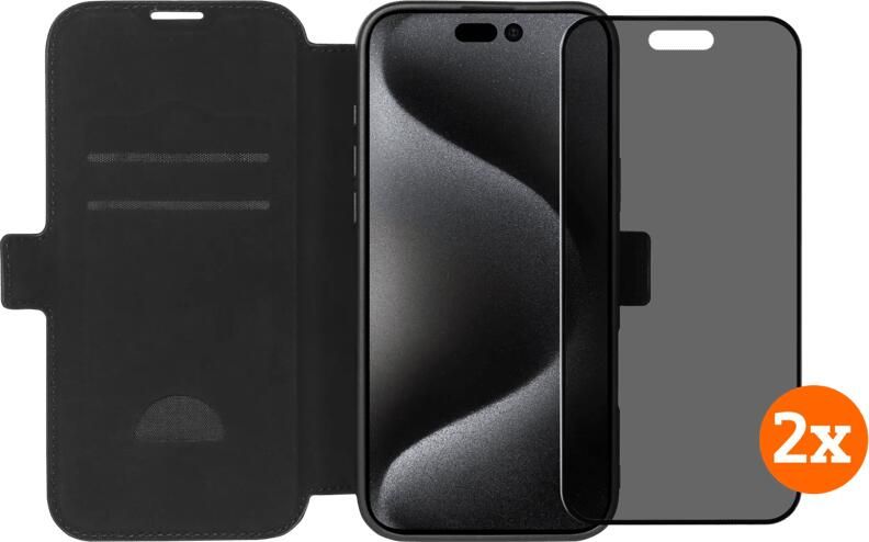 BlueBuilt Apple iPhone 16 Pro Max Book Case Leer Zwart + Privacy Screenprotector Duo Pack