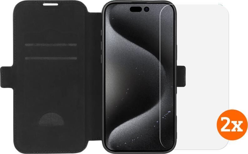 BlueBuilt Apple iPhone 16 Pro Max Book Case Leer Zwart + Screenprotector Glas Duo Pack