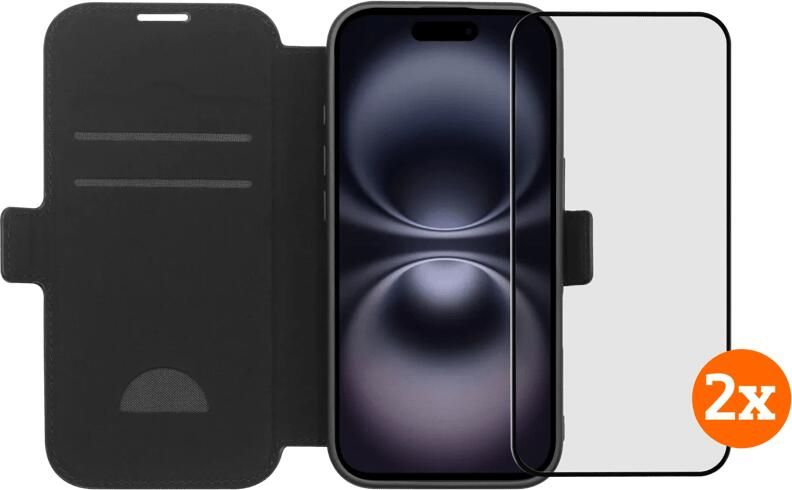 BlueBuilt Apple iPhone 17 Book Case Leer Zwart + Screenprotector Glas Duo Pack