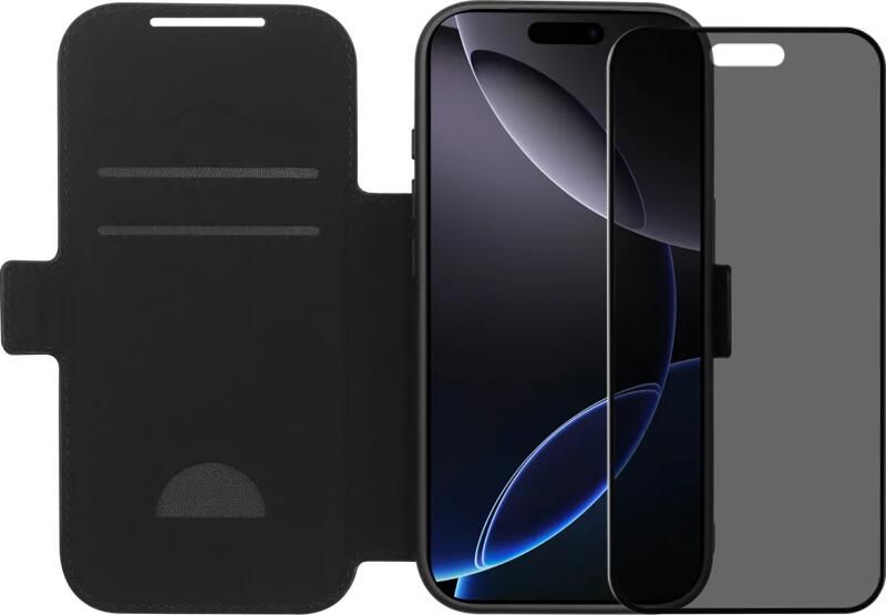 BlueBuilt Apple iPhone 17 Pro Book Case Leer Zwart + iPhone 17 Pro Privacy Screenprotector Glas