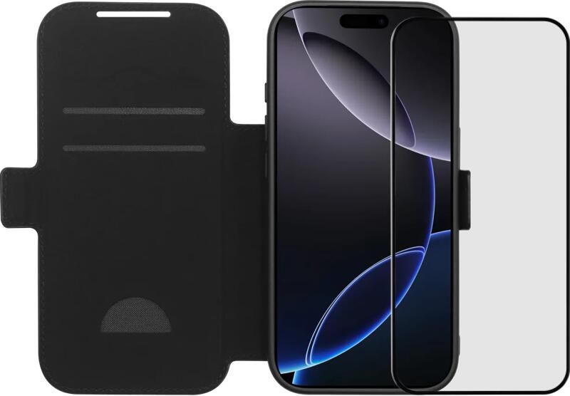 BlueBuilt Apple iPhone 17 Pro Book Case Leer Zwart + iPhone 17 Pro Screenprotector Glas