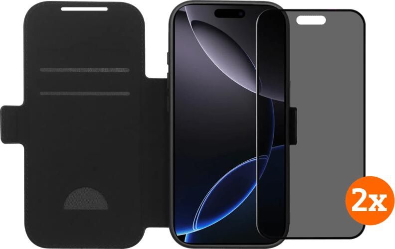 BlueBuilt Apple iPhone 17 Pro Book Case Leer Zwart + Privacy Screenprotector Duo Pack