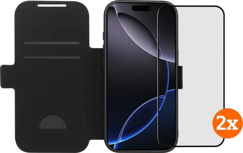 BlueBuilt Apple iPhone 17 Pro Book Case Leer Zwart + Screenprotector Glas Duo Pack