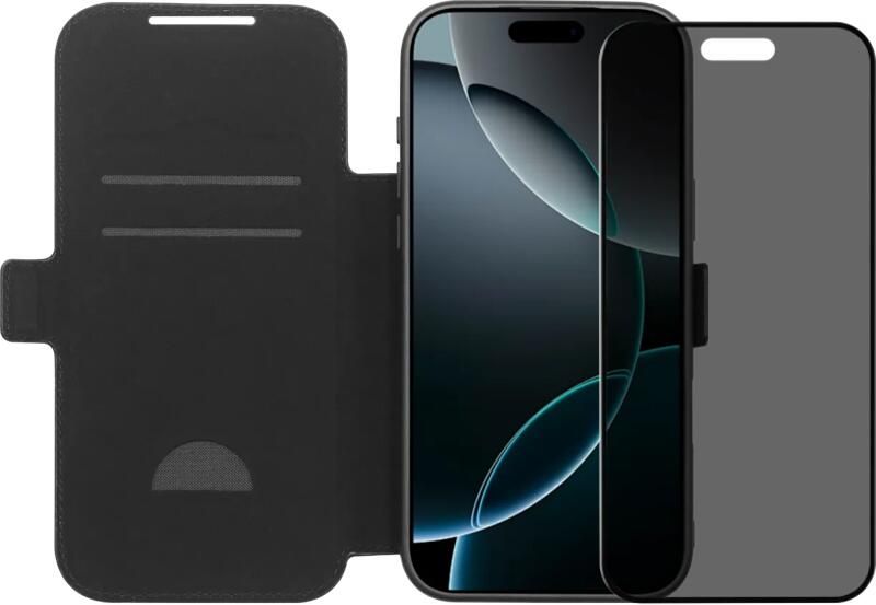 BlueBuilt Apple iPhone 17 Pro Max Book Case Leer Zwart + iPhone 17 Pro Max Privacy Screenprotector Glas