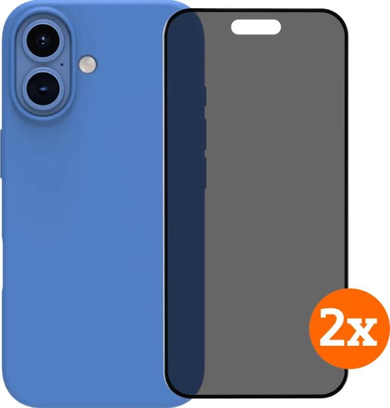 BlueBuilt Back Cover iPhone 16 Blauw + Privacy Filter Screenprotector Glas Duo Pack