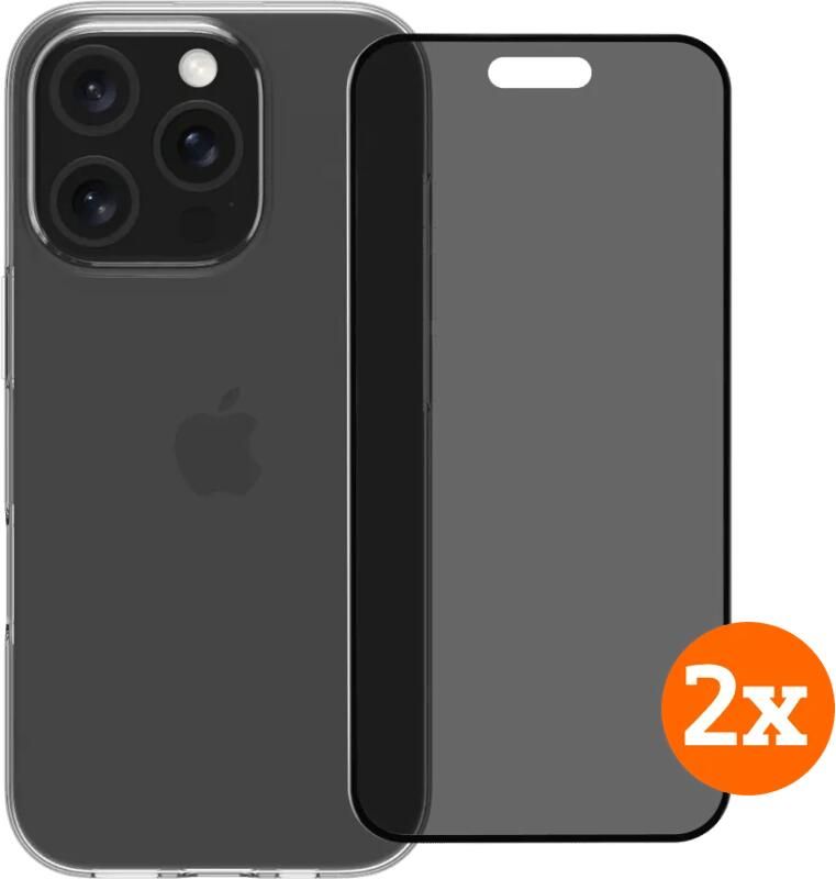 BlueBuilt Back Cover iPhone 16 Pro Transparant + Privacy Screenprotector Glas Duo Pack