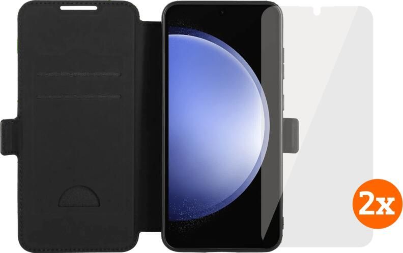 BlueBuilt Book Case Samsung Galaxy S24 FE Leer zwart + Screenprotector Glas Duo Pack