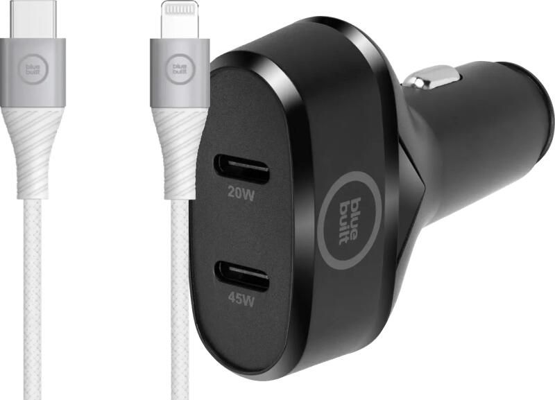BlueBuilt Power Delivery Autolader 45W Zwart + Lightning Kabel 1 5 Nylon Wit