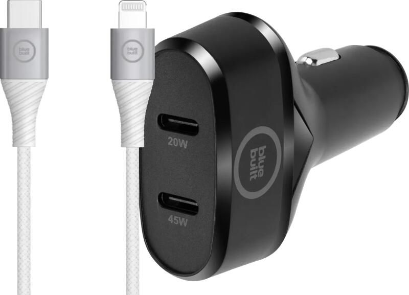 BlueBuilt Power Delivery Autolader 45W Zwart + Lightning Kabel 1 5 Nylon Wit