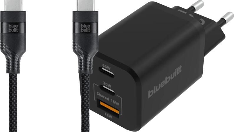 BlueBuilt Power Delivery Oplader 2 Usb C Poorten 65W + Usb C Kabel 1 5m Nylon Zwart