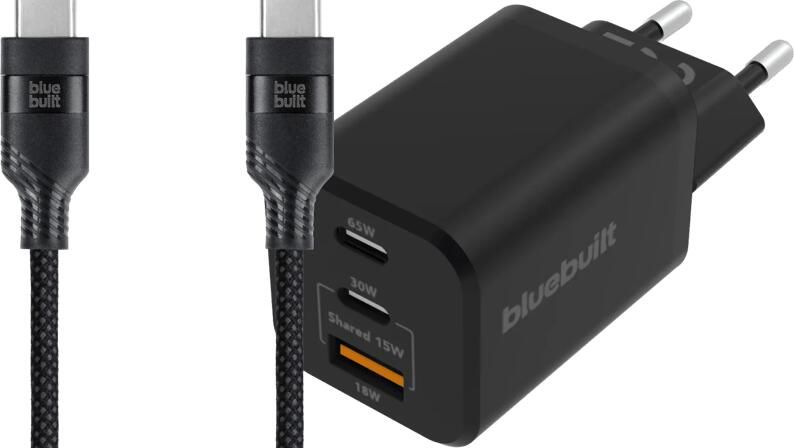 BlueBuilt Power Delivery Oplader 2 Usb C Poorten 65W + Usb C Kabel 3m Nylon Zwart