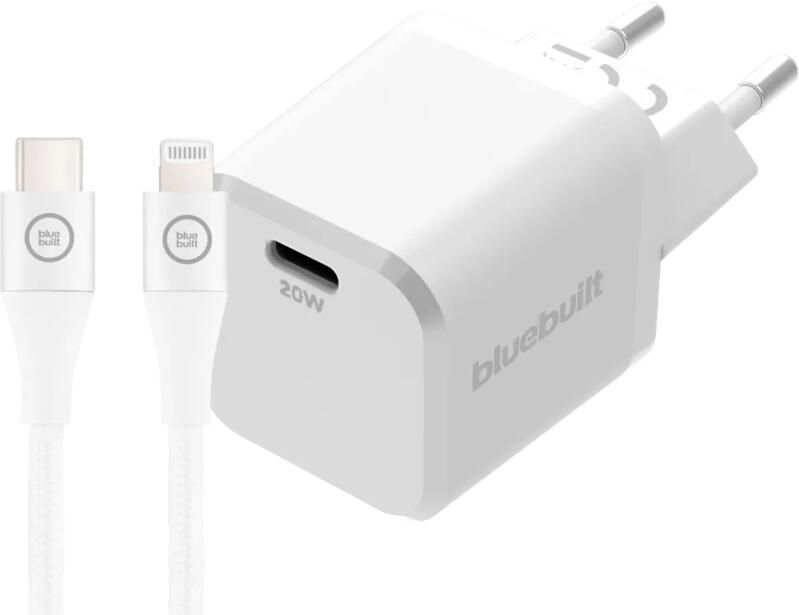 BlueBuilt Power Delivery Oplader 20W + Lightning Kabel 3m Nylon Wit