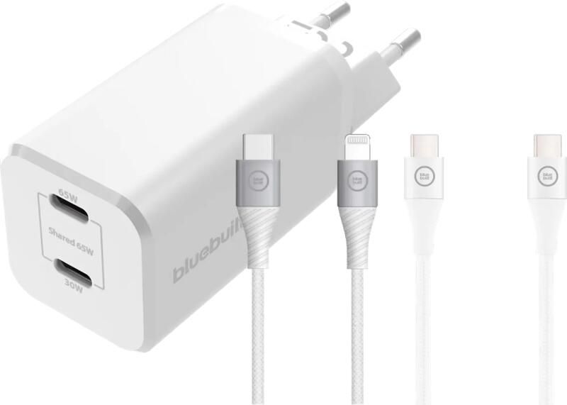 BlueBuilt Power Delivery Oplader 65W + Lightning en Usb C Kabel 1 5m Nylon Wit