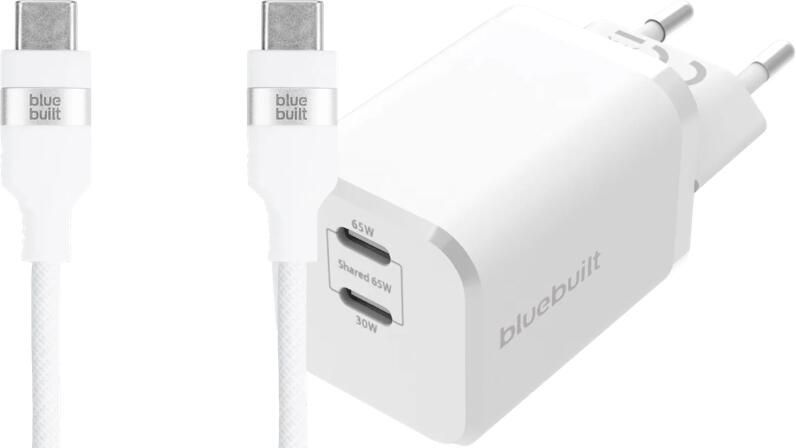 BlueBuilt Power Delivery Oplader met 2 Usb C Poorten 65W + Usb C Kabel 3m Nylon Wit