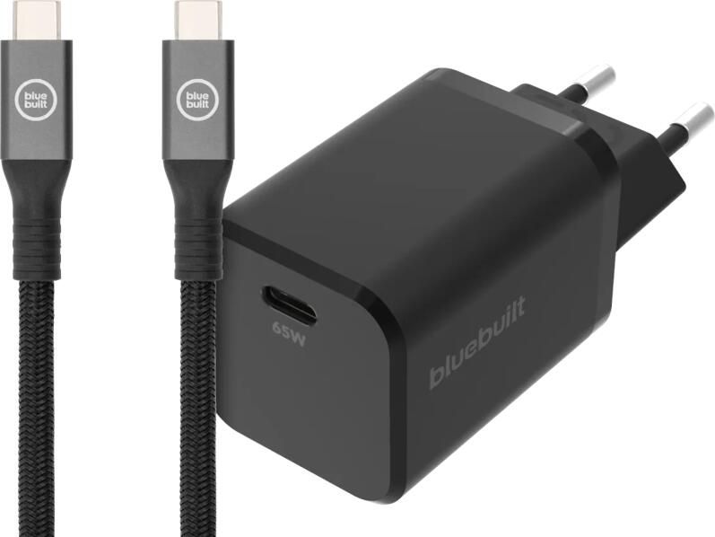 BlueBuilt Power Delivery Universele Oplader 65W + usb C oplaadkabel (2m) Zwart