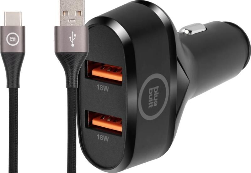 BlueBuilt Quick Charge Autolader 18W Zwart + Usb C Kabel 1 5m Nylon Zwart