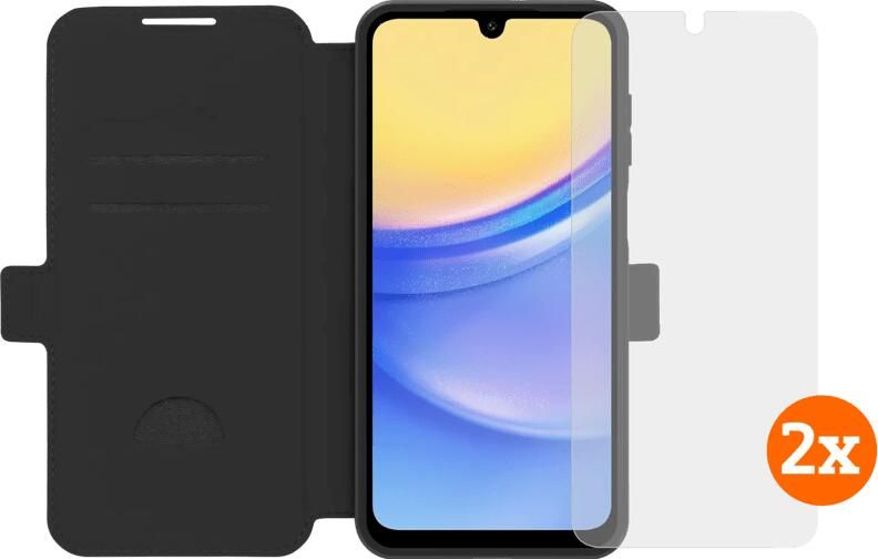 BlueBuilt Samsung Galaxy A16 4G 5G Book Case Zwart + Screenprotector Glas Duo Pack