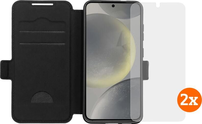 BlueBuilt Samsung Galaxy S25 Book Case Zwart + Screenprotector Glas Duo Pack