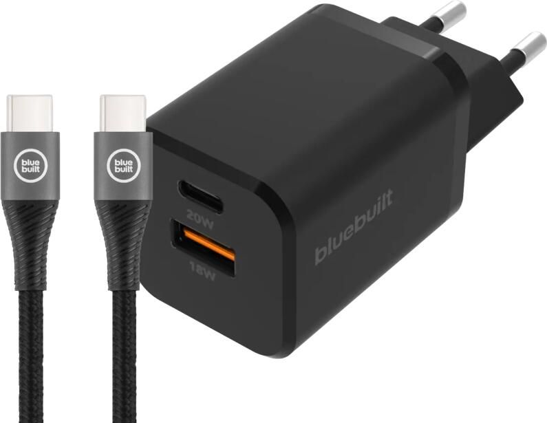 BlueBuilt Snellader met 2 Usb Poorten 38W Zwart + Usb C Kabel 1 5m