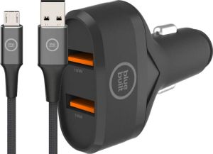 BlueBuilt Quick Charge Autolader 18W Zwart + Micro Usb Kabel 1 5m Nylon Zwart