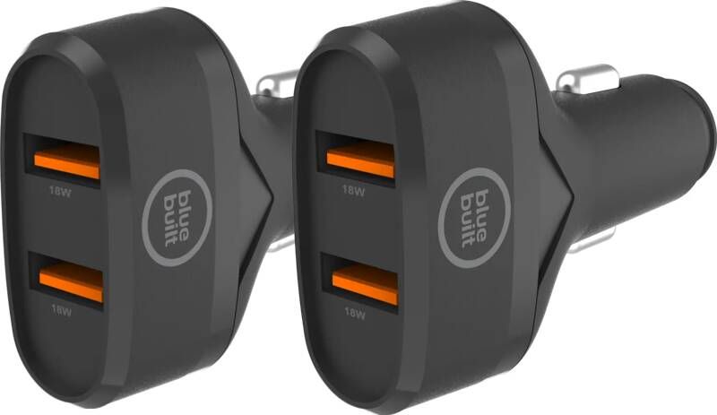 BlueBuilt Quick Charge Autolader met 2 Usb A Poorten 18W Zwart Duo Pack