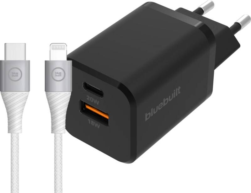 BlueBuilt Snellader met 2 Usb Poorten 38W Zwart + Lightning Kabel 1 5m