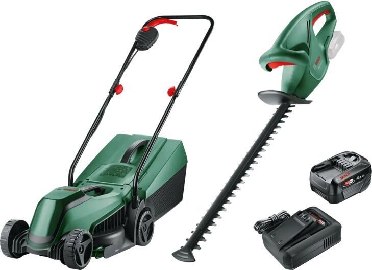 Bosch EasyMower 18V-32-200 + EasyHedgeCut 18-45 Li + Starterset 18V 4 0 Ah