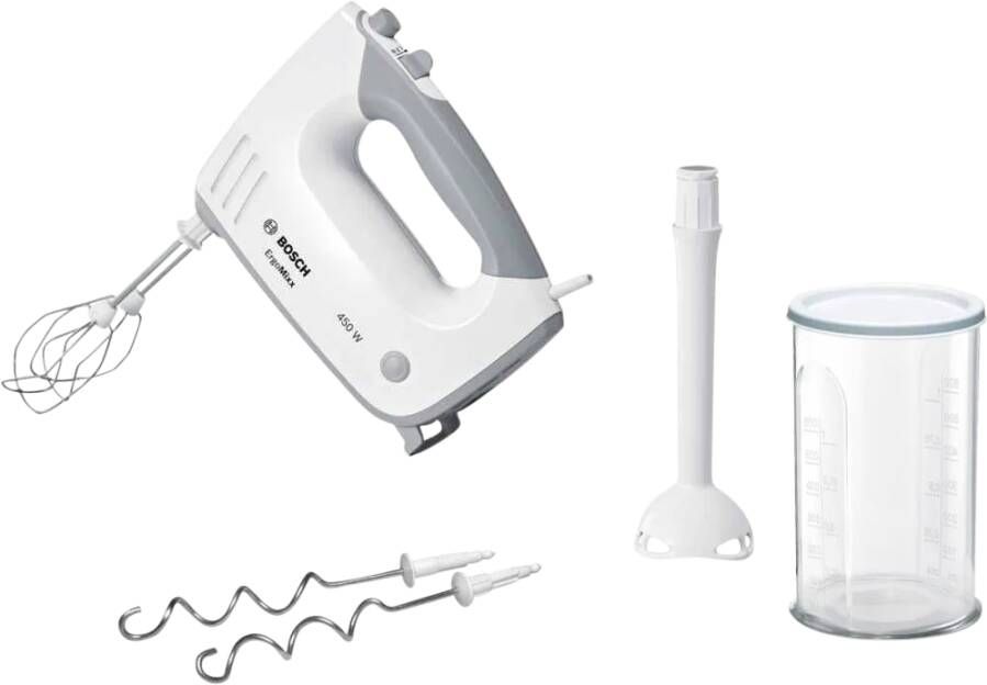 BOSCH Handmixer ErgoMixx MFQ36440 5 standen plus turbofunctie 2 roergardes 2 edelstalen deeghaken pureerstaaf beker wit