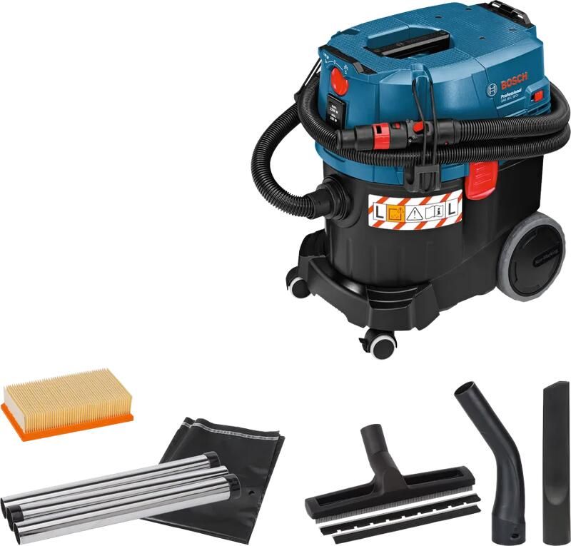 Bosch Professional Stofzuiger GAS 35 L SFC + (NL+LUX) (3 x zuigbuis verchroomd 0 35 m afvoerzak bochtstuk SFC+-module slang 3 m Ø 35 mm met gereedschapsmof spleetmondstuk 250 mm vlakke vouwfilter cellulose vloerzuigmondset)