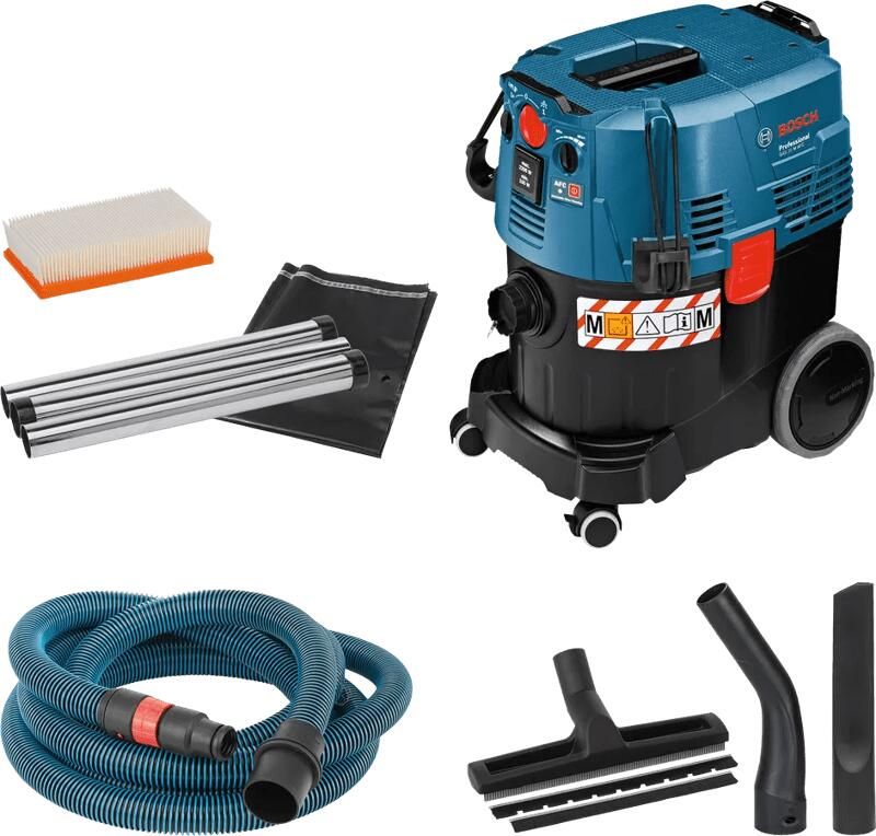 Bosch Professional Stofzuiger GAS 35 M AFC (NL+LUX) (3 x zuigbuis verchroomd 0 35 m afvoerzak bochtstuk slang 5 m Ø 35 mm antistatisch met gereedschapsmof spleetmondstuk 250 mm vlakke vouwfilter PES vloerzuigmondset)