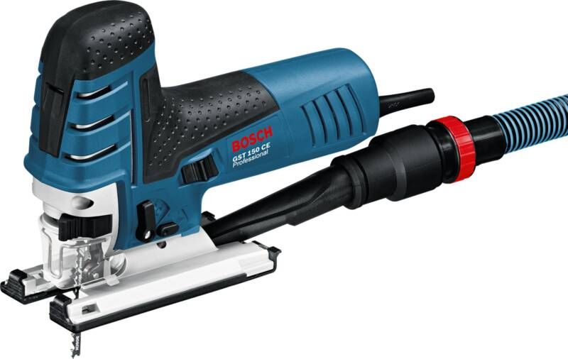 Bosch Professional Decoupeerzaagmachine GST 150 CE (1 x zaagblad T 144 DP afdekkap afzuigset antisplinterplaatje glijvoet zuigmondstuk )