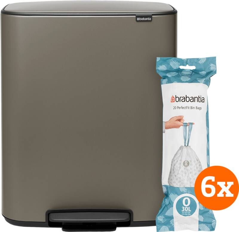 Brabantia Bo Pedal Bin 2 x 30 Liter Platinum + Vuilniszakken (120 stuks)