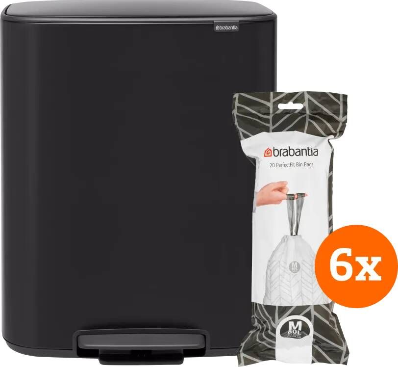Brabantia Bo Pedal Bin 60 Liter Matt Black + Vuilniszakken (120 stuks)