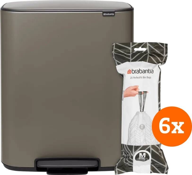 Brabantia Bo Pedal Bin 60 Liter Platinum + Vuilniszakken (120 stuks)