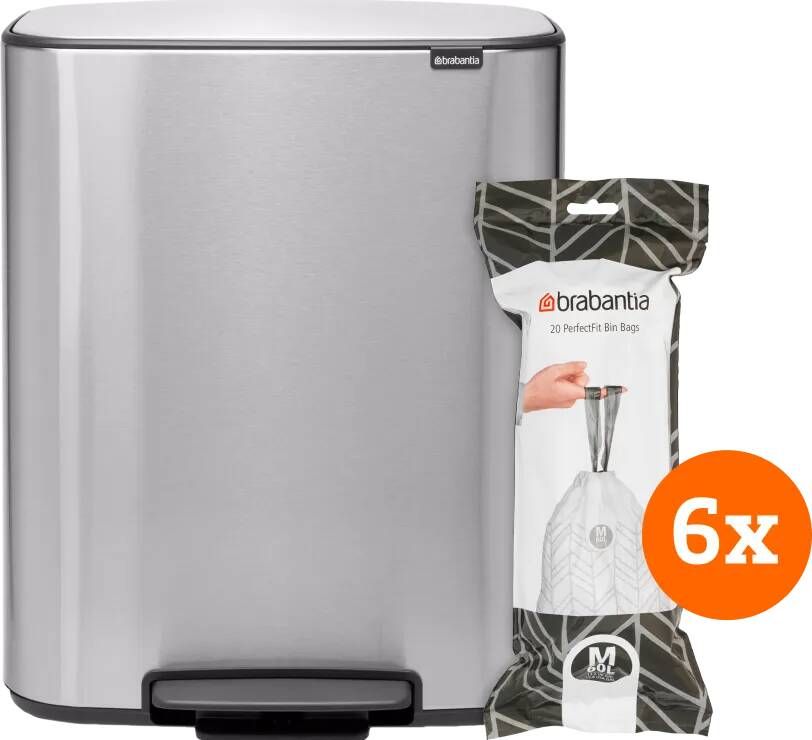 Brabantia Bo Pedal Bin 60 Liter Rvs Fingerprint proof + Vuilniszakken (120 stuks)
